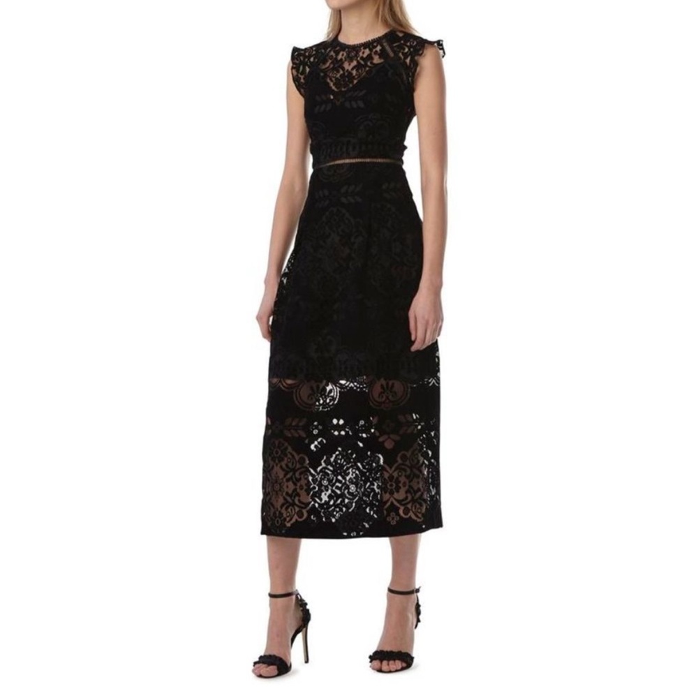 Monique Lhuillier Black Lace Midi Dress